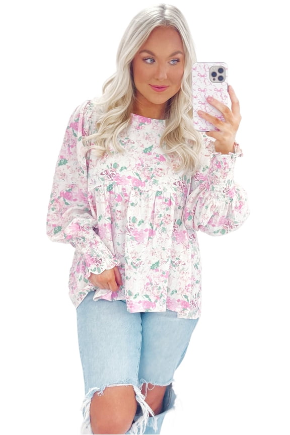 Women's Pink Floral Print Babydoll Blouse with Shirred Balloon Sleeves and Keyhole Back | [ZhiHiMeRi] | (US 12-14)L