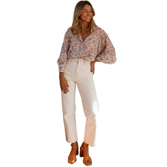 Women's Pink Floral Print Bishop Sleeve Collared V-Neck Shirt - [ZhiHiMeRi] | (US 12-14)L