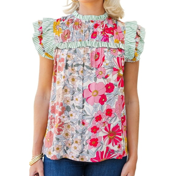 Women's Pink Floral Print Blouse with Contrast Ruffle Trim and Flutter Sleeves | [ZhiHiMeRi] | (US 12-14)L