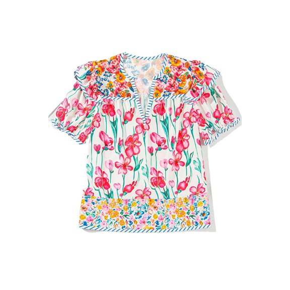 Women's Pink Floral Print Blouse with Striped Detail and Split Neck - [ZhiHiMeRi] | (US 12-14)L