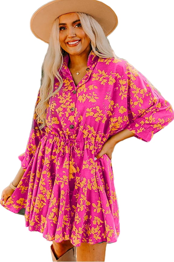 Women's Pink Floral Print Drawstring Tunic Flowy Short Dress | [ZhiHiMeRi] | (US 12-14)L