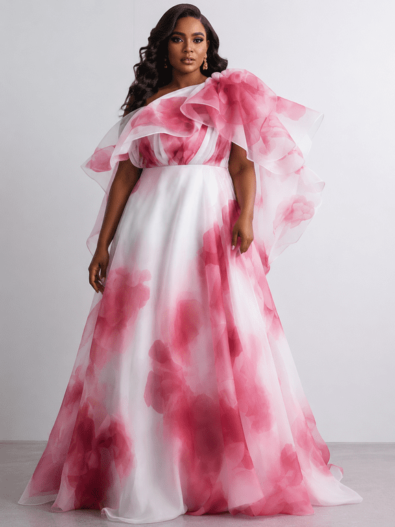 Women's Pink Floral Print and Ruffle Chiffon A-Line Maxi Silhouette Evening Gown with One Shoulder