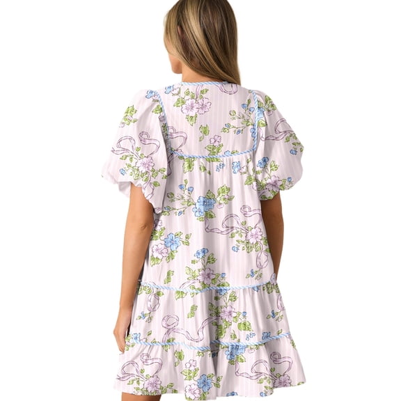 Women's Pink Floral Striped Print Mini Dress with Contrast Trim and Tie Split Neck | [ZhiHiMeRi] | (US 12-14)L