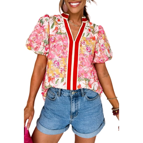 Women's Pink Floral V Neck Blouse – Southern Belle Contrast Trim Short Sleeve Summer Top, XL