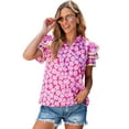 thumbnail image 1 of Women's Pink Floral V-Neck Ruffle Sleeve Blouse with Ric Rac Detail, 1 of 12