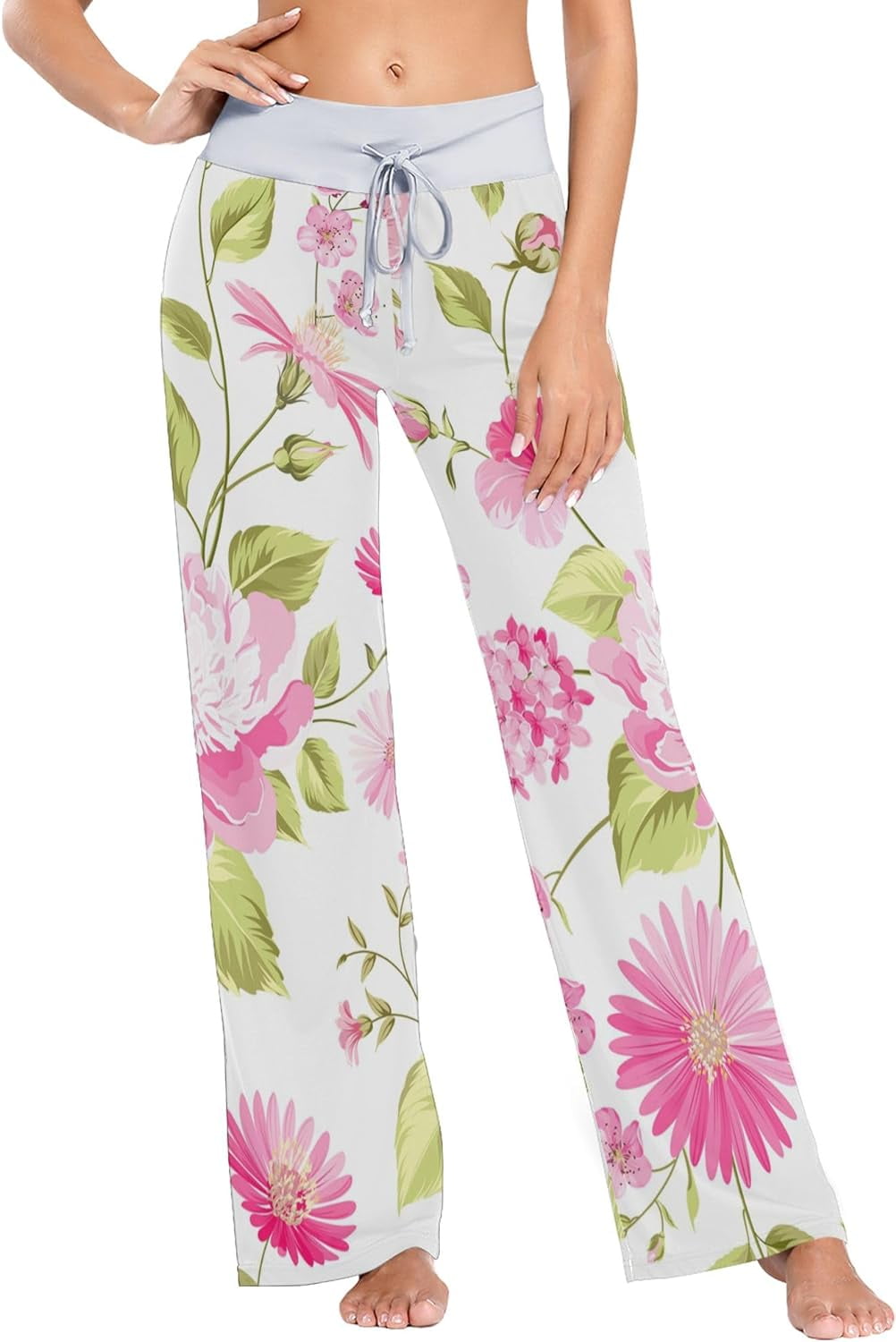 Women's Pink Flower Pajama Pants, Casual Pajama Bottoms Drawstring ...