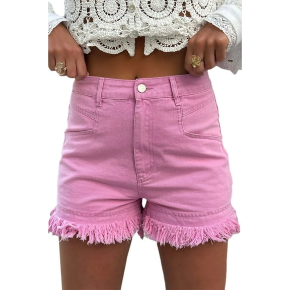 Women's Pink Frayed Edge Mid Rise Denim Shorts - [ZhiHiMeRi] | 16