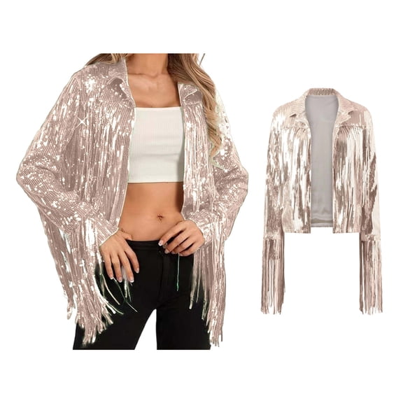Women's Pink Fringe Jacket Long Sleeve Jacket with Fringe Sequined Tops for Women