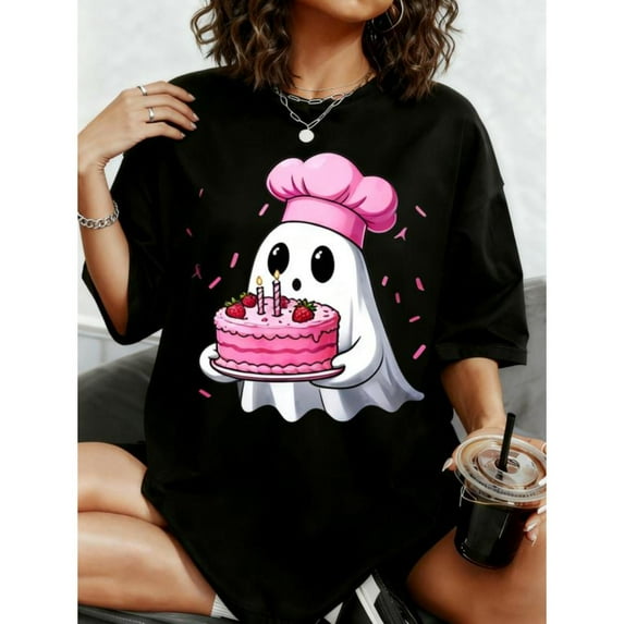 Women's Pink Ghost Chef Graphic Tee, Vintage Casual T-Shirt, Funny Spooky Baker Holding Cake Short Sleeve Top，Cute，cotton，black，S-5XL