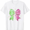 thumbnail image 1 of Women's Pink Green Bow Graphic T-Shirt, Cute Coquette Ribbon Shirt, Trendy Casual Style, 1 of 6
