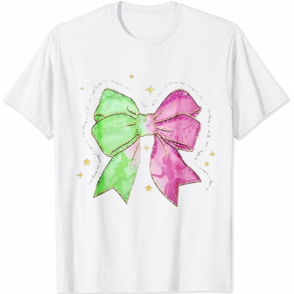 Women's Pink Green Bow Graphic T-Shirt, Cute Coquette Ribbon Shirt, Trendy Casual Style