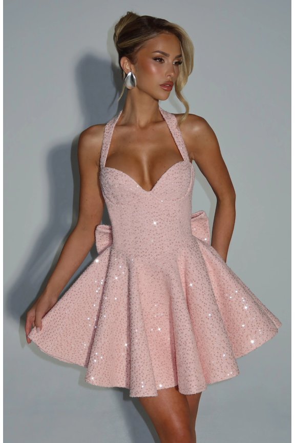 Women's Pink Halter Neck Sequin Bow Mini Dress - Heart-Shaped Neckline Flared Party Dress