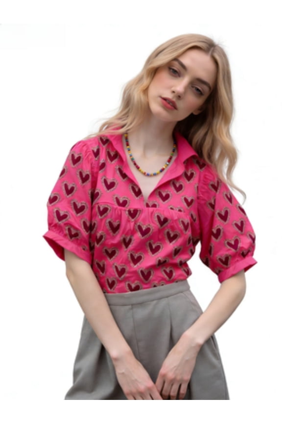 Women's Pink Heart Print Blouse Puff Sleeve V Neck Ruffled Casual Loose Top