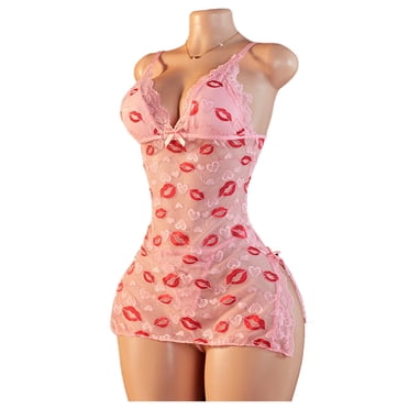 Women's Pink Heart Print Sleeveless Short Nightdress