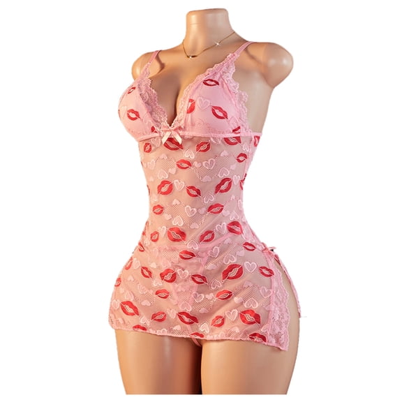 Women's Pink Heart Print Sleeveless Short Nightdress Lace Sexy Babydoll With Thongs Lingerie Sets