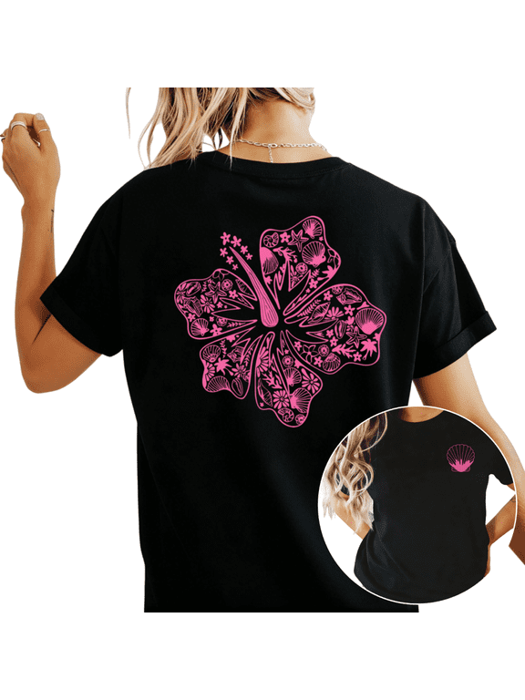 Women's Pink Hibiscus Flower Ocean Life Back Print Aesthetic Graphic T Shirt Short Sleeve Round Neck Top Black S-5XL
