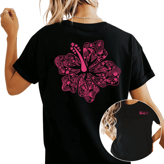 Women's Pink Hibiscus Flower Ocean Tropical Beach Comfortable Tee Short Sleeve Round Neck Top Black S-5XL