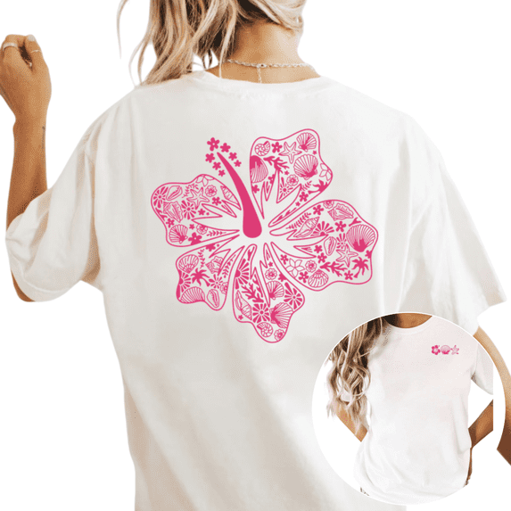 Women's Pink Hibiscus Flower Ocean Tropical Beach Comfortable Tee Short Sleeve Round Neck Top White S-5XL