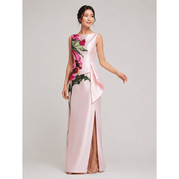 Women's Pink High Slit and Applique Detail Satin Maxi Length with Peplum Shape Evening Gown with Sleeveless
