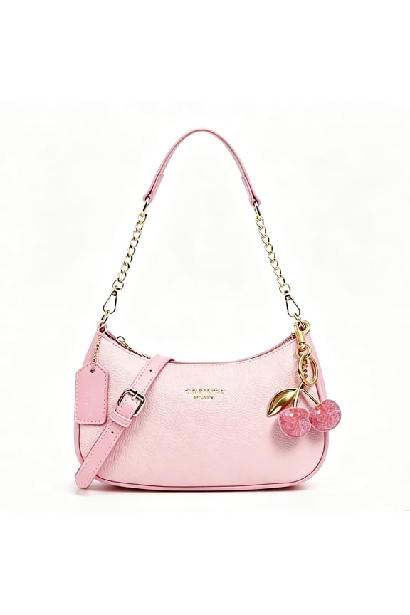 Women's Satin Evening Hobo Shoulder Bag with Cherry Charm and Chain Detail, Pink