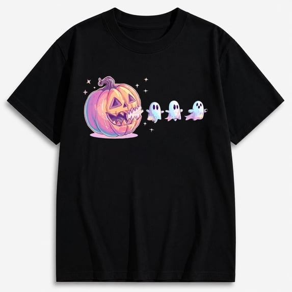 Women's Pink Jack-o-Lantern and Ghosts Halloween Shirt, Cute Spooky Graphic Short Sleeve T-Shirt
