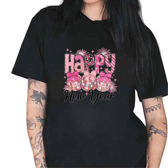 Women's Pink Leopard Happy New Year Comfortable T-Shirt Casual Top Bold Themed Graphic Short Sleeve Round Neck Black S-5XL