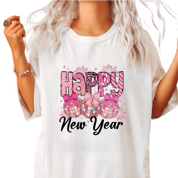 Women's Pink Leopard Happy New Year Comfortable T-Shirt Casual Top Bold Themed Graphic Short Sleeve Round Neck White S-5XL