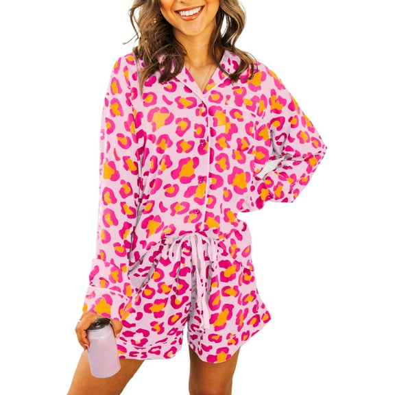 Women's Pink Leopard Print Long Sleeve Shirt and Shorts Pajama Set | [ZhiHiMeRi] | (US 12-14)L