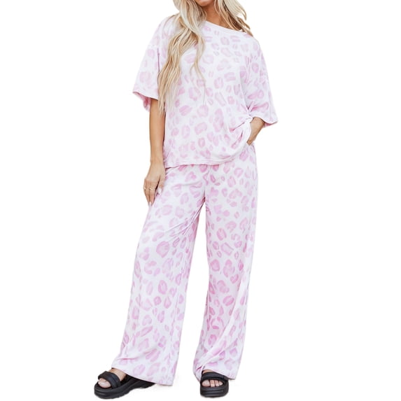 Women's Pink Leopard Two-Piece Set – Casual Summer Outfit for Everyday Wear, S