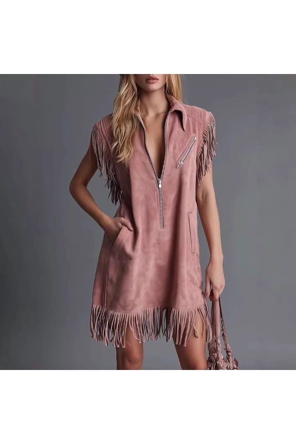 Women’s Pink Matte Faux Suede Mini Dress V Neck Sleeveless Western Style Dress with Half Zip Pointed Collar Fringe Details and Hidden Pockets