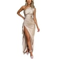 thumbnail image 1 of Women’s Pink One-Shoulder Satin Maxi Dress – High Slit Slimming Cocktail Party Gown for Wedding Guests, 1 of 6