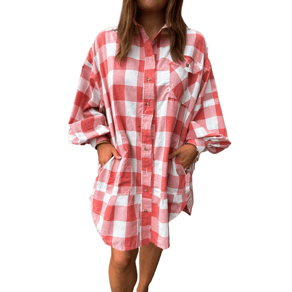 Women's Pink Oversized Plaid Puff Sleeve Shirt Dress with Round Hem - [ZhiHiMeRi] | (US 12-14)L