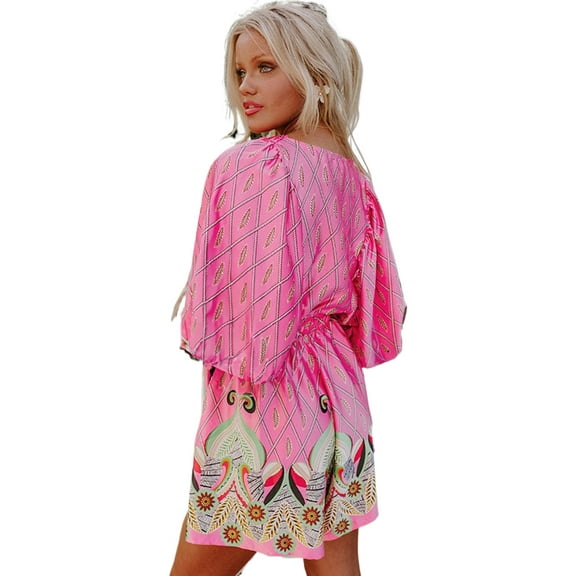 Women's Pink Paisley Geometric Print V Neck High Waist Romper with Half Sleeves - [ZhiHiMeRi] | (US 12-14)L