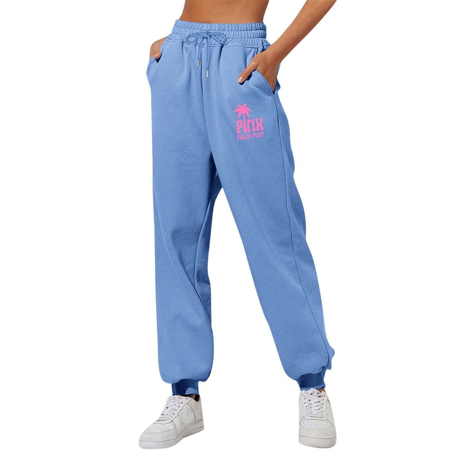 Women s Pink Palm Puff Sweatpants Fleece High Waisted Workout Trousers Wide Leg Active Joggers Pants Pink Graphic Cute Preppy Pants with Pockets sky blue XX Large Walmart