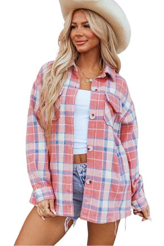 Women's Pink Plaid Flap Pocket Button Up Shacket [ZhiHiMeRi] | (US 12-14)L