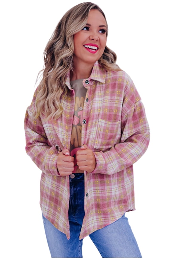 Women's Pink Plaid Print Chest Pocket Long Sleeve Shacket