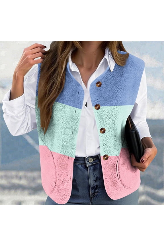 Women's Pink Plus Size Daily Wear Vest Casual Warm Double-Sided Printed Loose Collarless Style