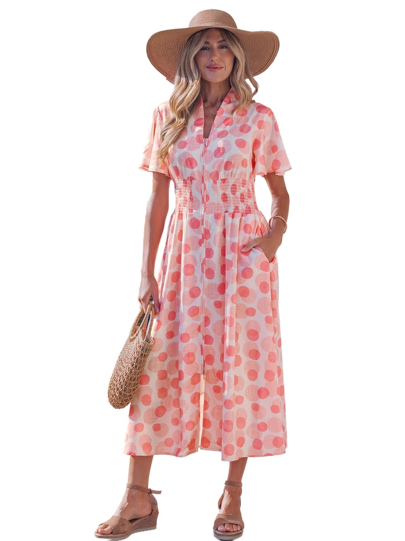 ZhiHiMeRi Women's Pink Polka Dot Maxi Dress Elegant High Waist A-Line Long Dress with Smocked Waist, XL