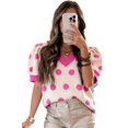 thumbnail image 1 of Women's Pink Polka Dot Sweater Top – V-Neck Puff Short Sleeve Summer Knit, Casual Shift Silhouette, XL, 1 of 10