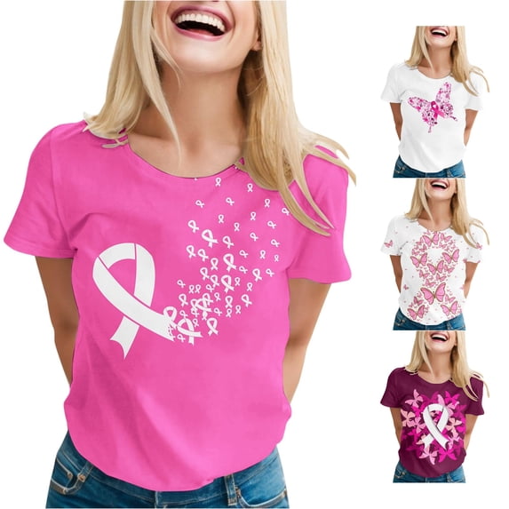 Women's Pink Printed Short Sleeve Crew Neck T-Shirt Casual Soft Basic Top
