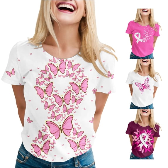 Women's Pink Printed Short Sleeve Crew Neck T-Shirt Casual Soft Basic Top