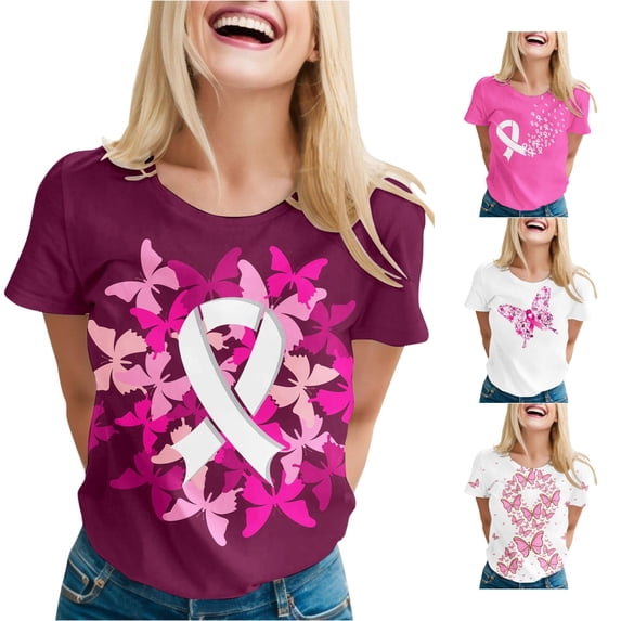 Women's Pink Printed Short Sleeve Crew Neck T-Shirt Casual Soft Basic Top