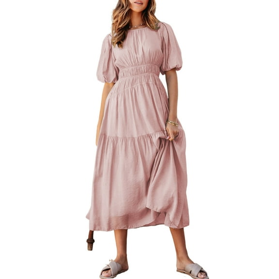 Women's Pink Puff Sleeve Pleated High Waist Flowy Long Dress - Perfect for Summer Occasions - [ZhiHiMeRi] | (US 12-14)L