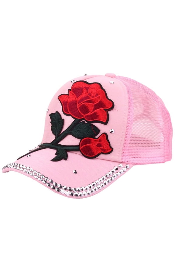 Women's Pink Red Rose Patch Baseball Cap Rhinestone Decor Sports Hat
