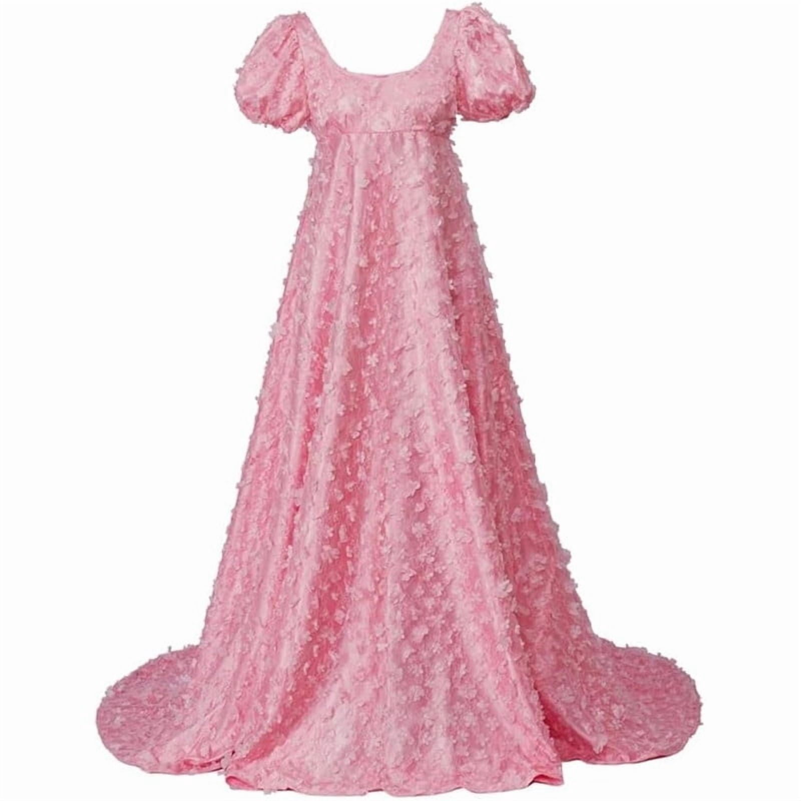 Women's Pink Regency Style Empire Waist Lace Puff Sleeve Elegant Long Historical Gown Dress
