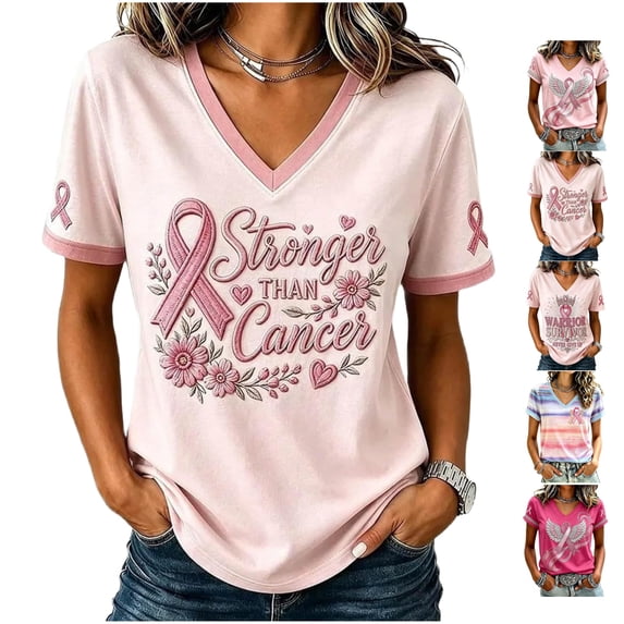 Women's Pink Ribbon Angel Wings T-Shirt in October We Wear Pink Support Shirt Survivor Breast Cancer Awareness Top