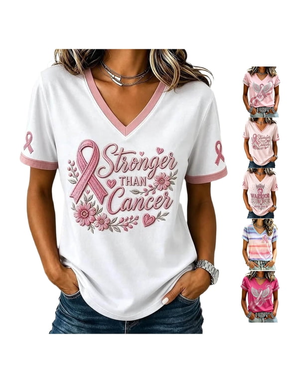 Women's Pink Ribbon Angel Wings T-Shirt in October We Wear Pink Support Shirt Survivor Breast Cancer Awareness Top