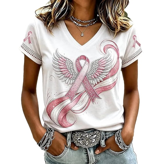 Women's Pink Ribbon Angel Wings T-Shirt in October We Wear Pink Support Shirt Survivor Breast Cancer Awareness Top