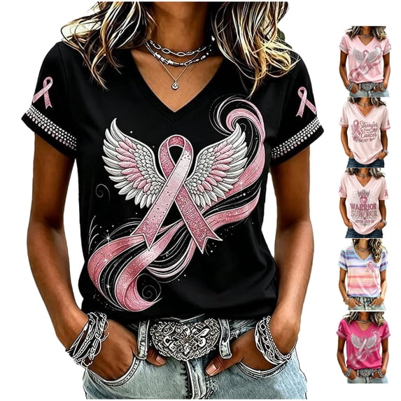 Women's Pink Ribbon Angel Wings T-Shirt in October We Wear Pink Support Shirt Survivor Breast Cancer Awareness Top