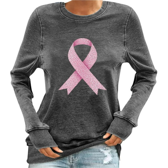 Women's Pink Ribbon Sweatshirt Breast Cancer Awareness Heart Print Pullover Long Sleeve Casual Loose Tops